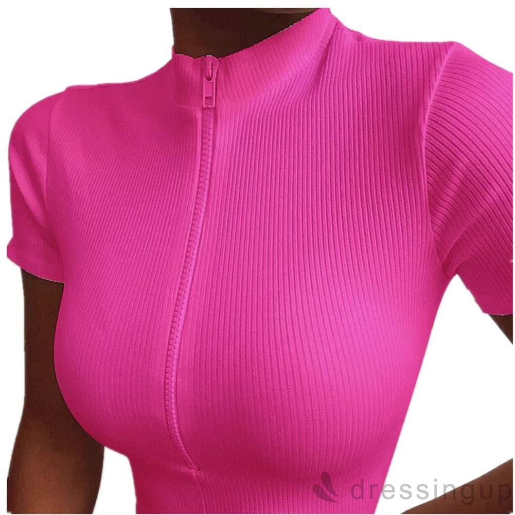 Áo dệt kim tay ngắn cổ chữ v phối khóa kéo phía trước quyến rũ cho nữ