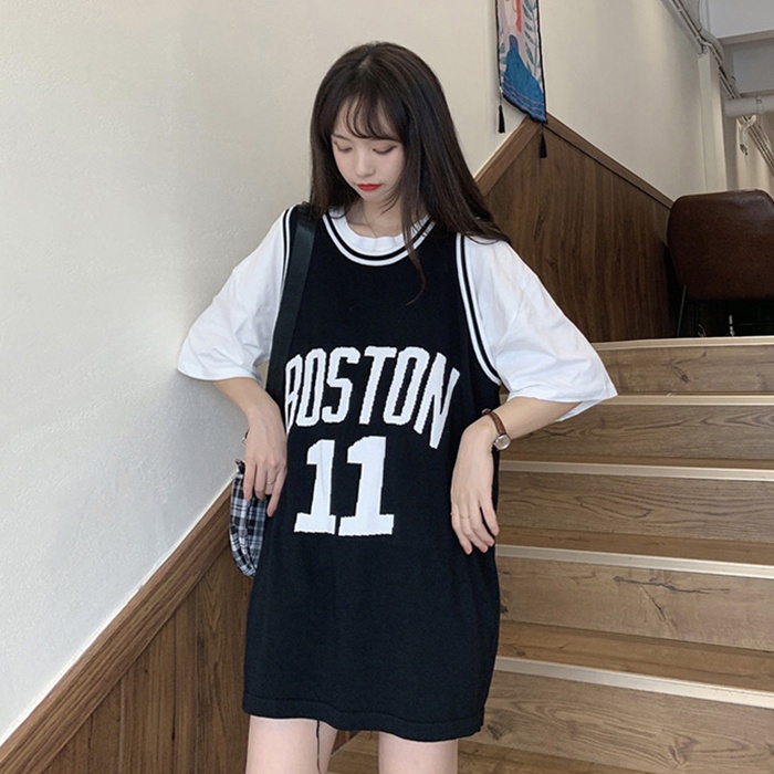 Jiashucheng Áo Thun Ba Lỗ Dáng Rộng Dài Ngang Bắp Chân In Chữ Phong Cách Hàn Quốc Thời Trang Mùa Hè Mới