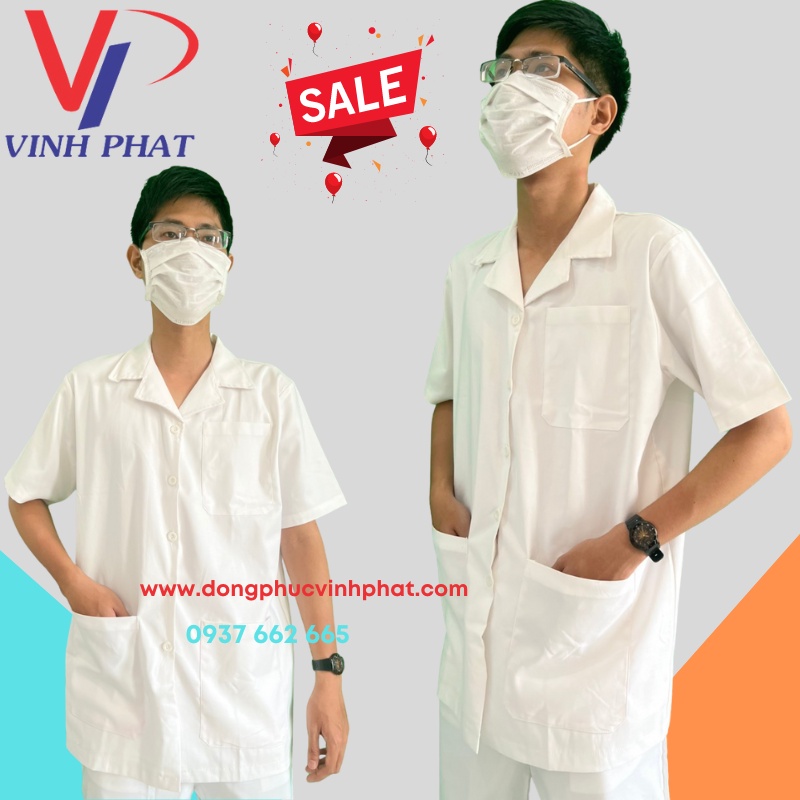 Bộ Quần Áo Blouse Trắng Ngắn Tay Nam Nữ Cổ Bẻ Vải Kaki Loai Tốt - Đồng Phục Y Tá, Dược Sĩ, Điều Dưỡng - Hình thật