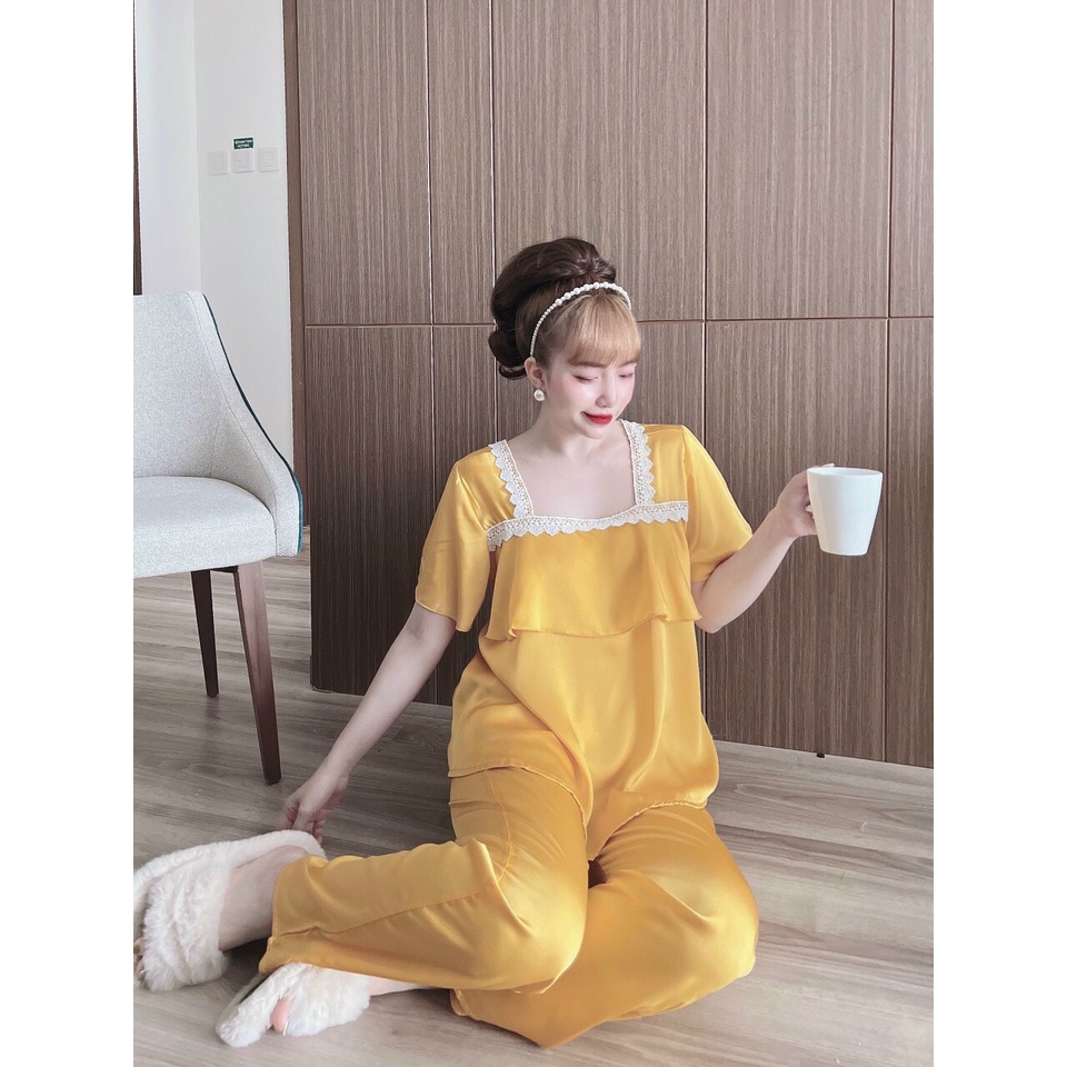 Bộ Đồ Ngủ Lụa Tay Ngắn Quần Dài ,Pijama Lụa phối ren , Đồ Bộ Mặc Nhà Lụa Trơn đa dạng màu sắc