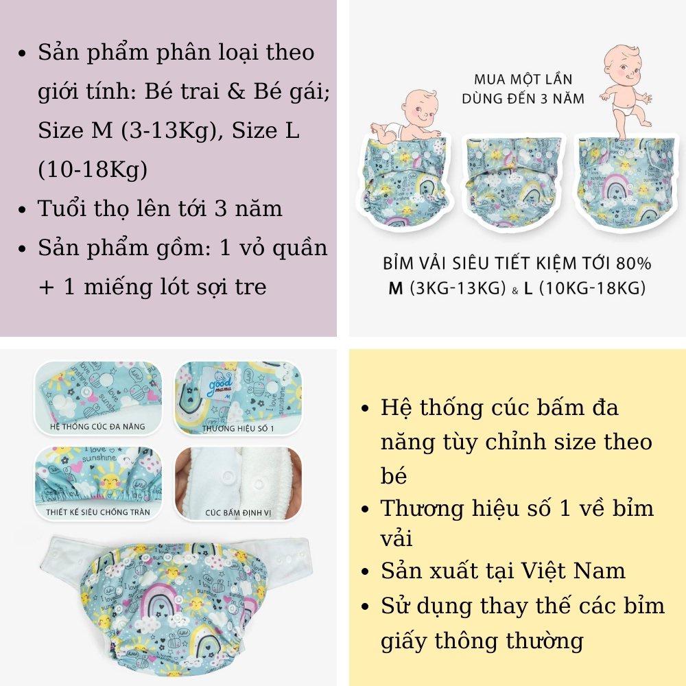 Bỉm Vải Cho Bé Goodmama Hàng Việt Nam Cao Cấp Chống tràn - Chống hăm Cho Con, Tiết Kiệm Cho Mẹ