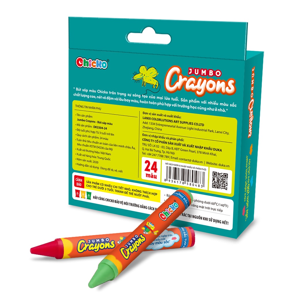 [Mã LT50 giảm 50k đơn 250k] Bút Sáp Màu Duka Jumbo Crayons (24 Màu) DK 3304 - 24