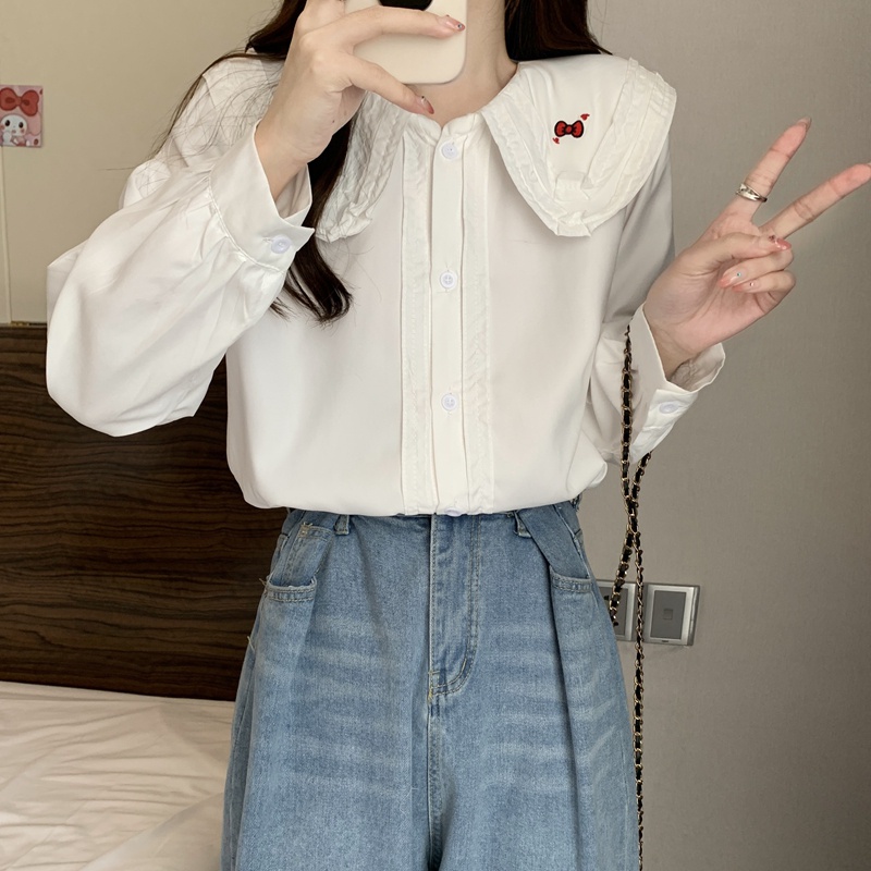 SUXI Áo Sơ Mi Tay Dài Dáng Rộng Cổ Búp Bê Màu Sắc Ngọt Ngào Xinh Xắn