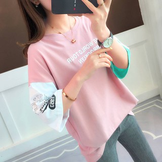 Áo thun tay lỡ dáng rộng phối hai màu