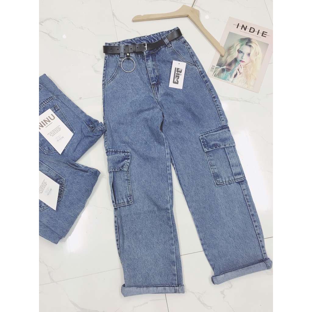 Quần jeans nữ ống rộng túi hộp , quần suông túi hộp unisex màu xanh shynstores