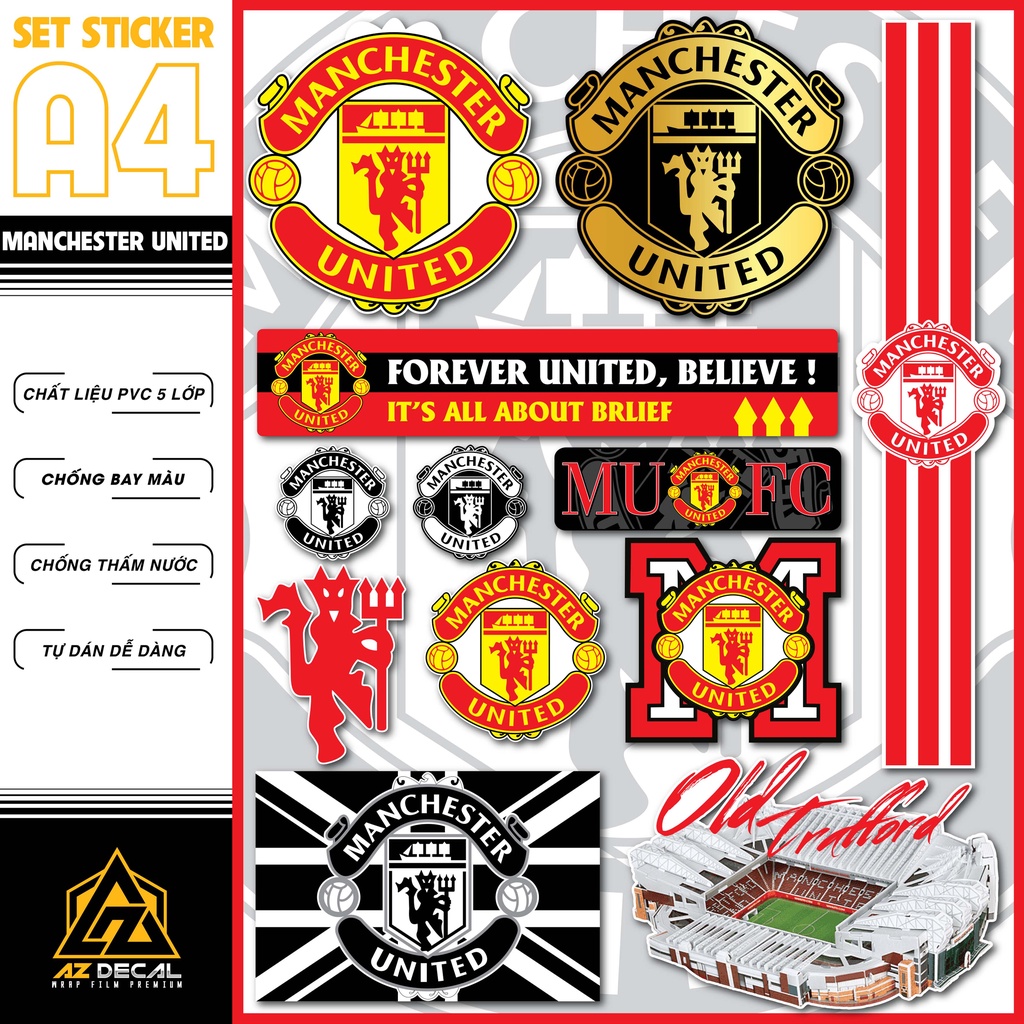 Sticker Bóng Đá Manchester United Dán Tem Xe, Dán Nón, Điện Thoại, Laptop - Logo MU Chất Liệu Chống Thấm Nước, Bền Màu
