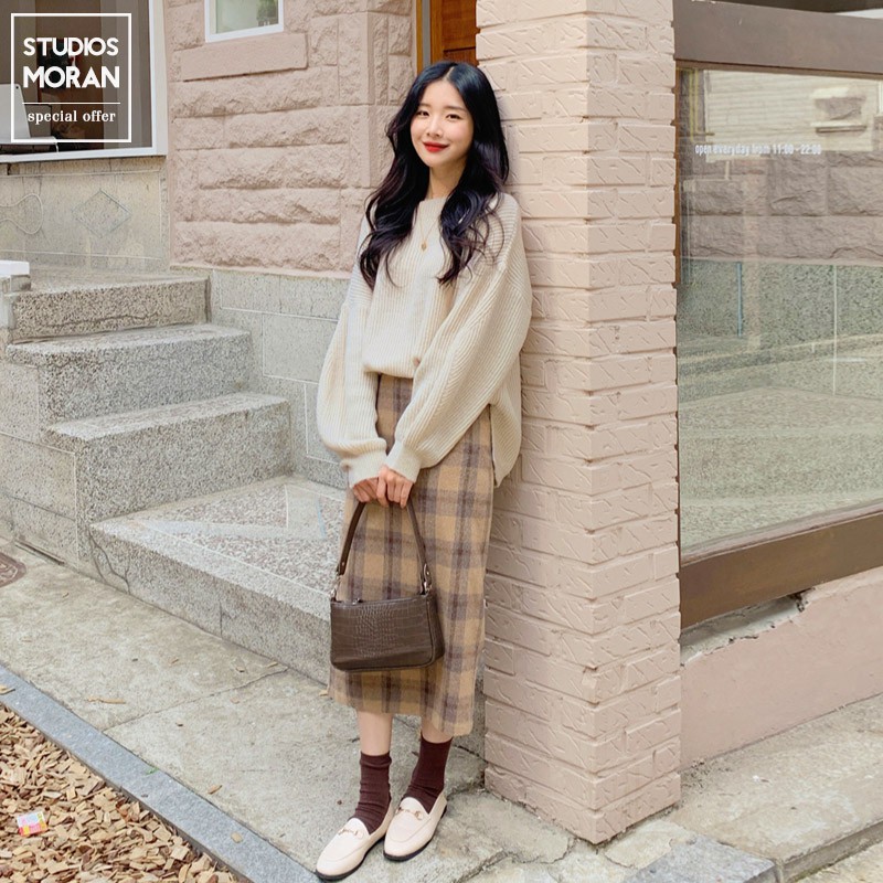 (ORDER- sẵn Màu cam) Chân váy MORAN kẻ dạ dáng dài Style công sở Hàn Quốc