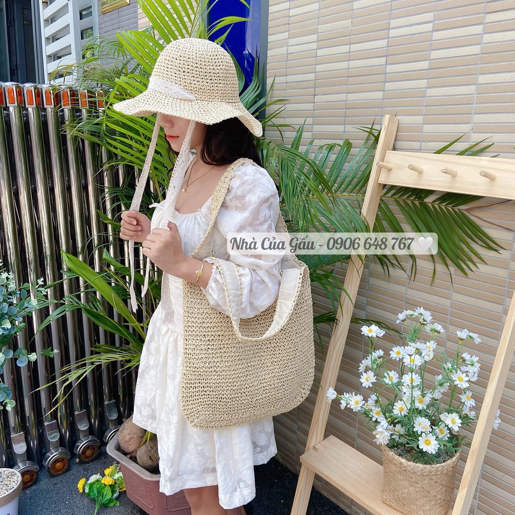 Túi cói đeo vai nữ form to tưởng khó mang, nhưng thật sự lên ảnh xinh ngất nha