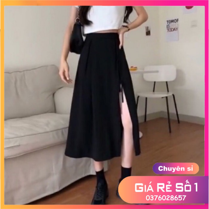 Chân váy midi xẻ tà dây buộc nơ - cạp cao ôm dáng có quần trong chống lộ