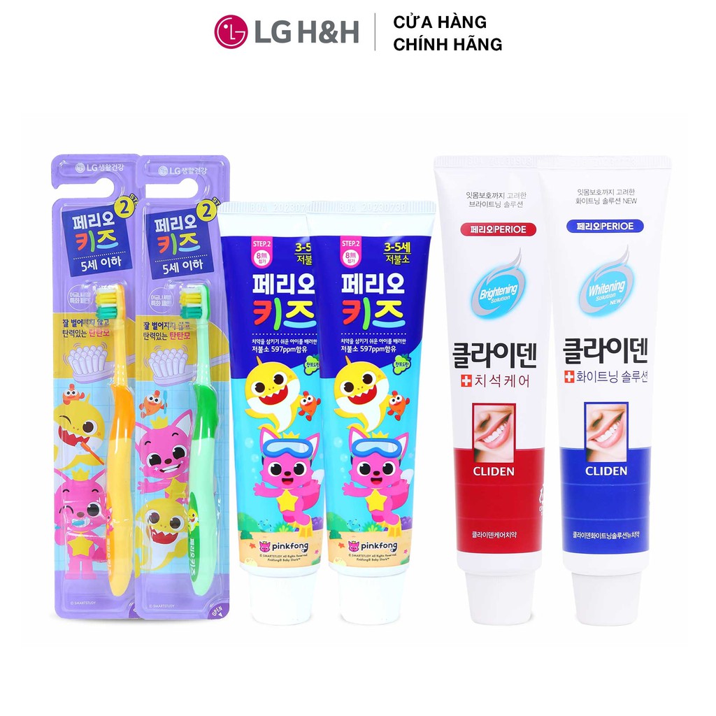 Combo chăm sóc răng Perioe Hàn Quốc cho cả gia đình: 2 Bàn chải, 2 Kem đánh răng Pinkfong, 2 Kem đánh răng Perioe Cliden