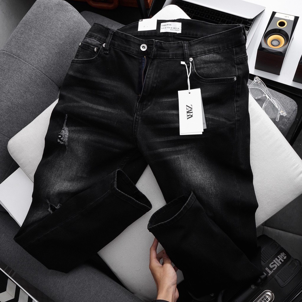 Quần jean nam vnxk màu đen tuyền co giãn Zr ống côn