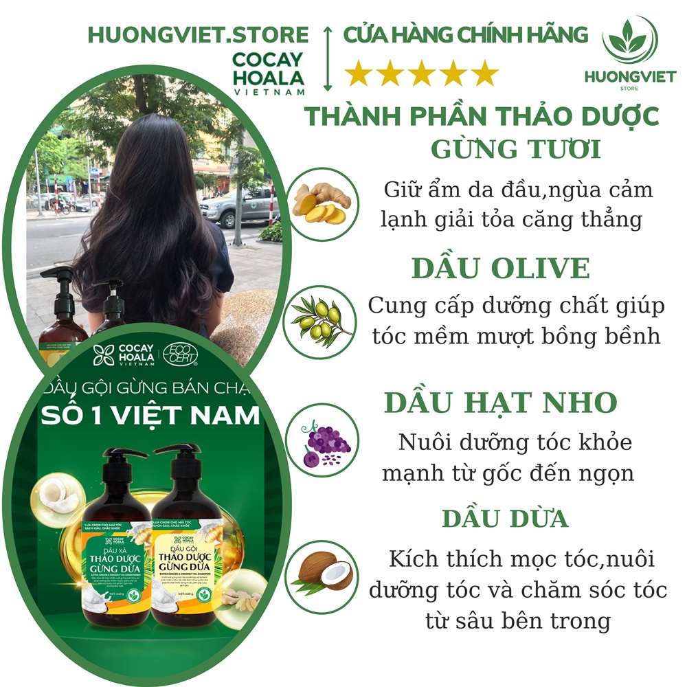 Cặp Dầu Gội Xả Thảo Dược Cao Cấp Gừng Dừa Cỏ Cây Hoa Lá Hữu Cơ Thiên Nhiên Organic Phục Hồi Ngăn Rụng Dưỡng Tóc Mềm Mượt