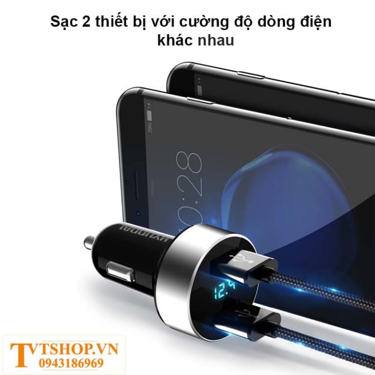 sạc pin điện thoại trên xe ô tô, củ sạc 2 cổng, cổng sạc 12v trên ô tô TVT-270