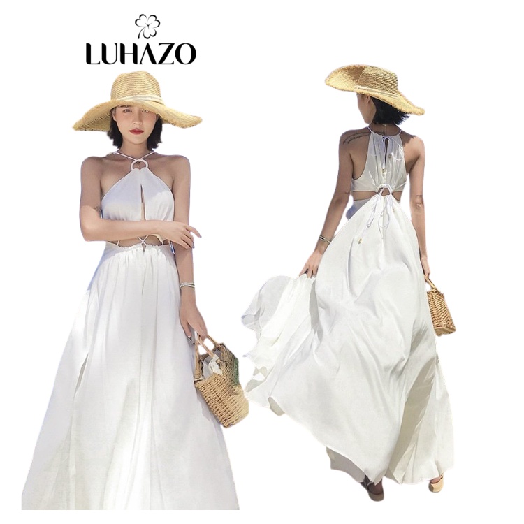 Váy LUHAZO Maxi đi biển trắng bigsize xòe dáng rộng trễ vai hở lưng 2 dây sang chảnh Hàn Quốc 8032 DK7T10