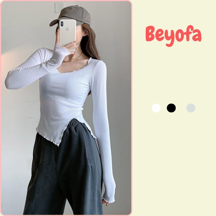 Áo Thu Đông Nữ Body Dài Tay Xẻ Tà Trễ Vai - Áo Croptop Nữ Dài Tay Cổ Bèo Vạt Lệch