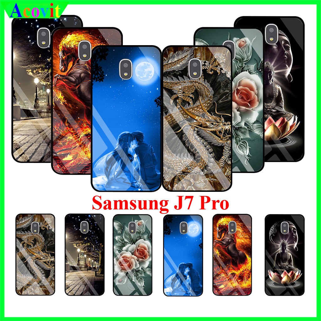 Ốp lưng Samsung J7 Pro (Kèm 1 Kính cường lực Full Màn hình) Mặt kính 3D sắc nét,sang trọng, Khồng Nhòe, Phai Acovit