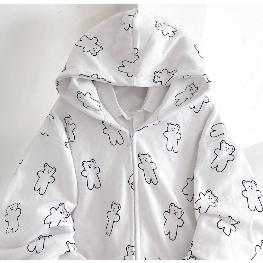 Áo Khoác Trắng Icon Gấu PEONYB Nữ [FREESHIP]  Jacket nỉ có mũ, hoodie zip form rộng tay bồng cá tính Ulzzang