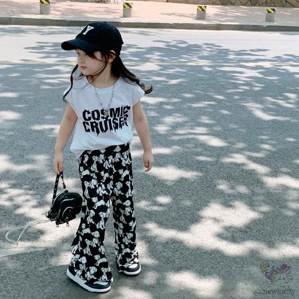 Bộ Áo Sát Nách In Chữ + Quần Thiết Kế Hoạt Hình Phong Cách Hàn Quốc Cho Bé Gái