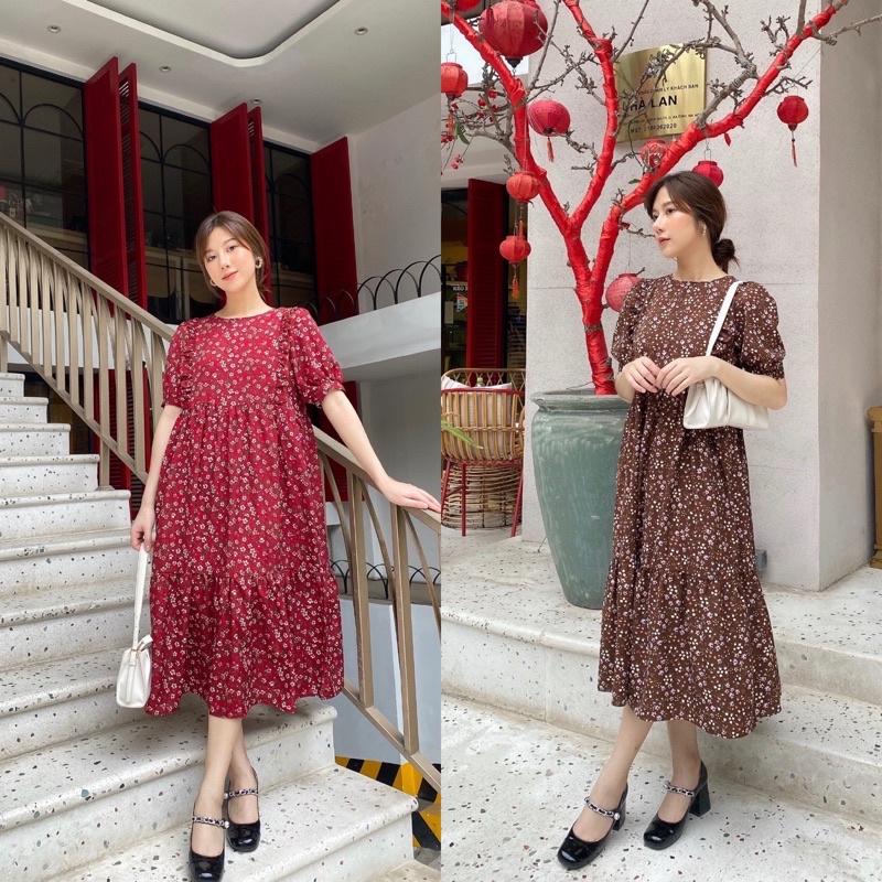 Đầm hoa nhí babydoll viền bèo phom suông rộng, màu hoa tôn da, chất vải đũi mát, bầu bí mặc thoái mái