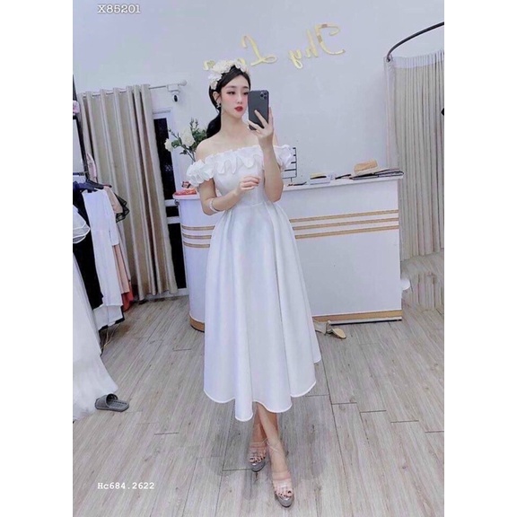 H1-đầm xoè trắng bẹt vai Hc684, chất tapta, dài 93cm