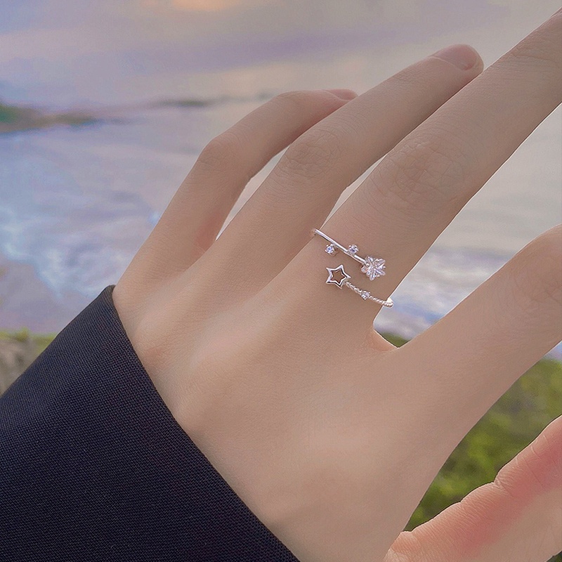 【Kifli】Nhẫn mở bằng bạc mặt hình ngôi sao đính đá zircon pha lê thời trang cho nữ