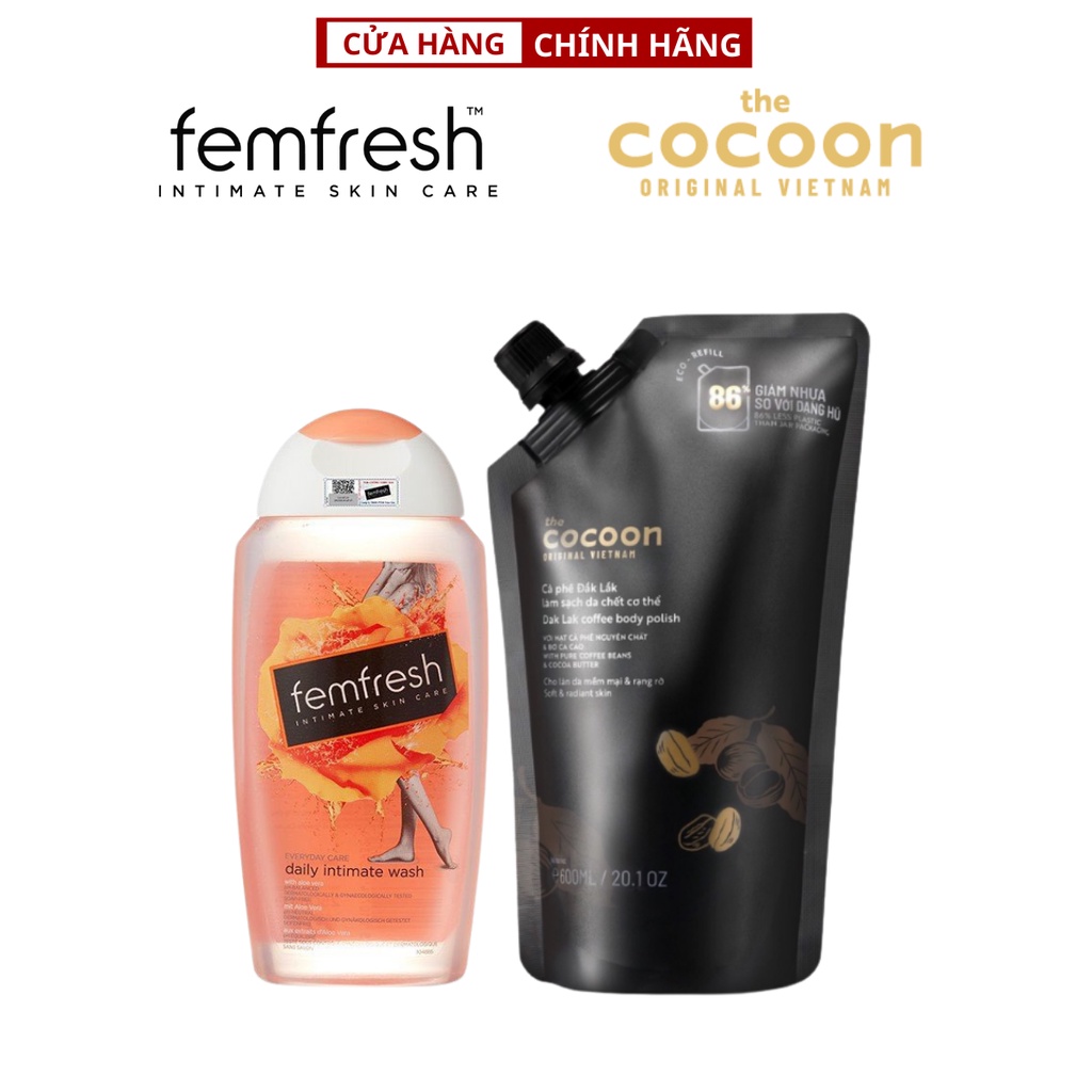 Combo Dung Dịch Vệ Sinh Phụ Nữ Hàng Ngày Femfresh 250ml + Tẩy da chết cơ thể body cà phê cocoon 600ml Big size