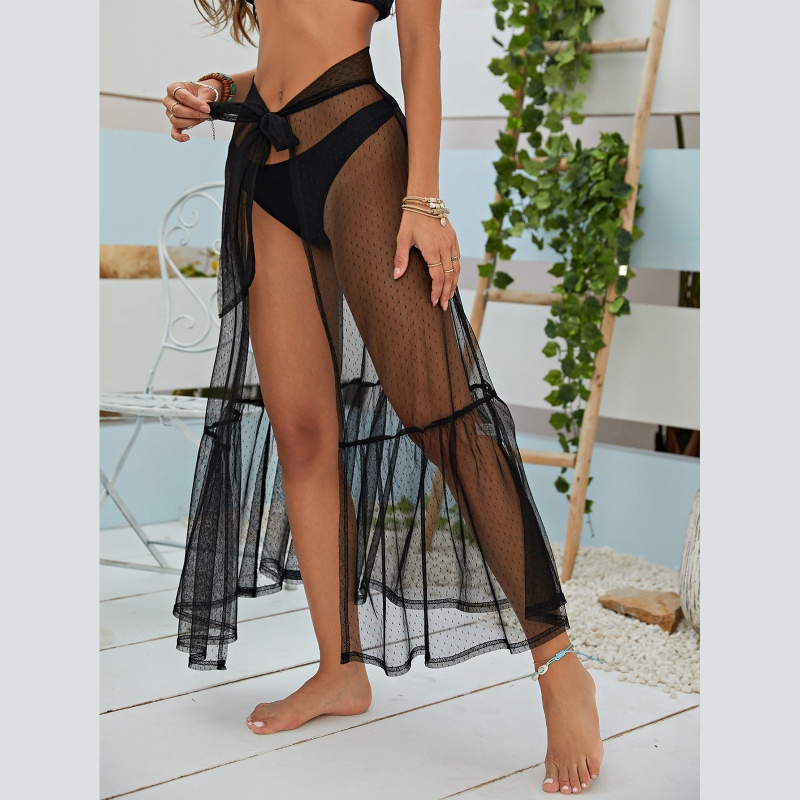 Brroa Váy Maxi Dài Phối Lưới Họa Tiết Chấm Bi Xẻ Tà Thời Trang Đi Biển Cho Nữ