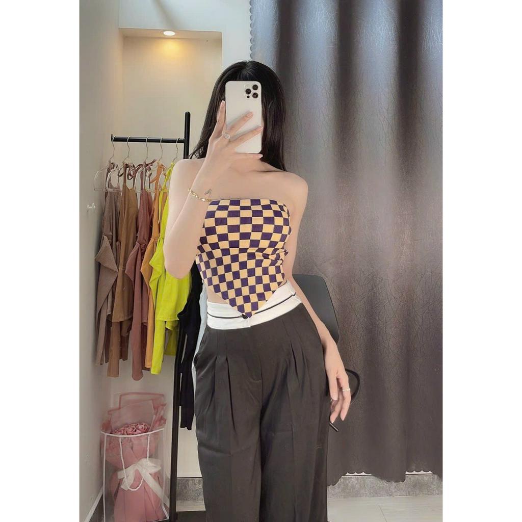 Áo ống cúp ngực nhọn tà cột nơ lưng phối màu caro kiểu dáng croptop sexy , chất thun gân dày dặn mềm mịn