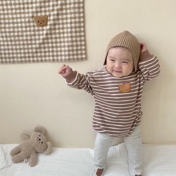 Bộ áo liền quần tay dài in hình gấu dễ thương thời trang mùa thu cho bé