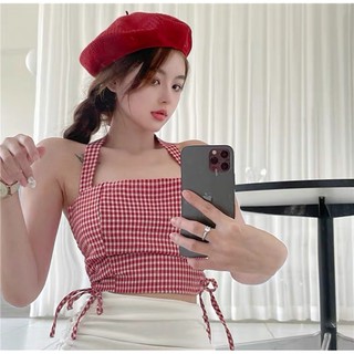 [Có sẵn+ảnh thật] Áo croptop caro thắt nơ cổ rút dây hai bên hông mẫu summer 2021