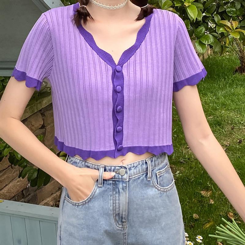 Áo Cardigan Dệt Kim Tay Ngắn Cổ Chữ V Dáng Rộng Phong Cách Hàn Quốc