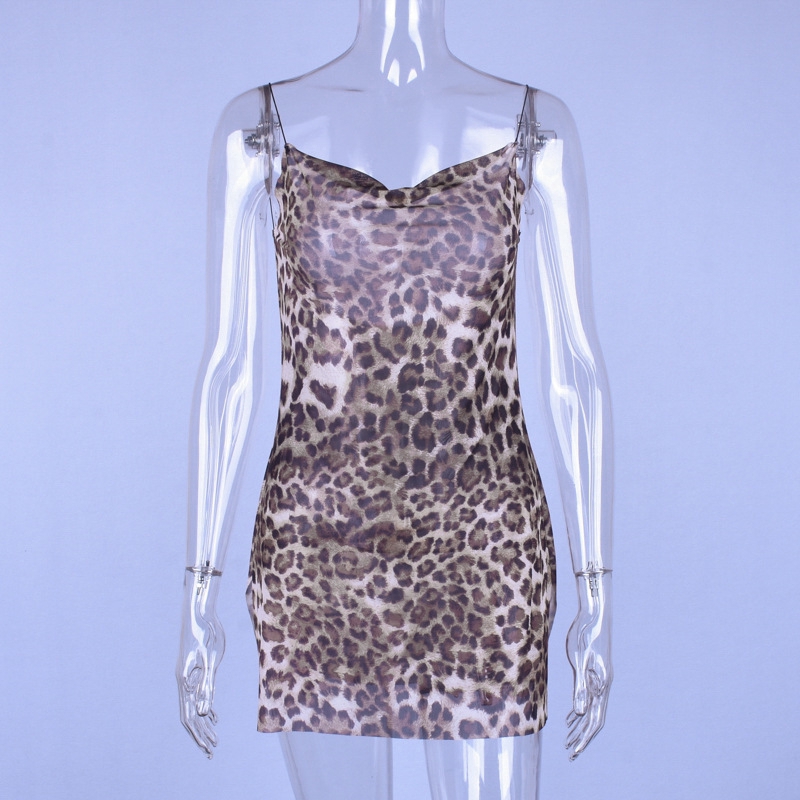 Sexy Baackless Leopard Print Strap Mini Dress Women Sleeveless Split Casual Dress | BigBuy360 - bigbuy360.vn