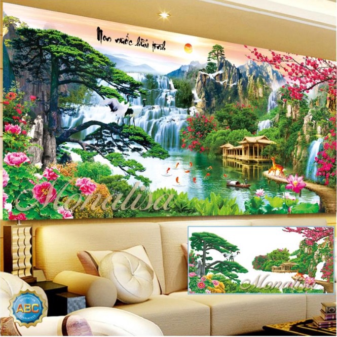 Tranh thêu phong cảnh non nước hữu tình KT:120x60cm,tranh chưa thêu.Tặng kéo và xò chỉ.