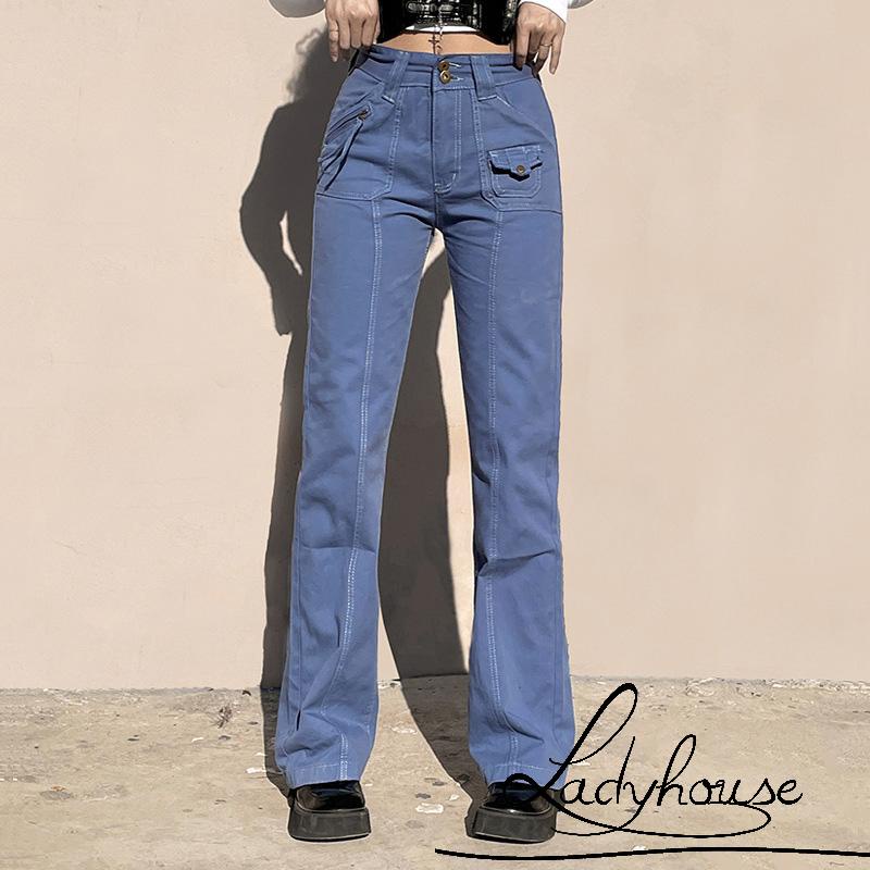 LD-Women´s Straight Leg Pants, Vintage Middle Waist Spring Long Denim Trousers with Pockets