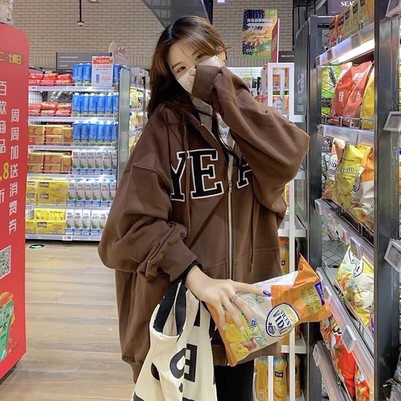 Hoodie zip nữ, Áo khoác Hoodie Zip Freesize In Chữ YEAH Hàn Quốc Oversize màu nâu phong cách Hàn Quốc | BigBuy360 - bigbuy360.vn