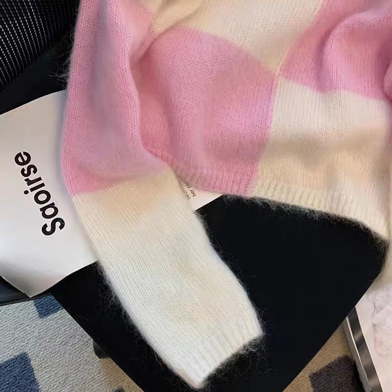 Áo Len Sáp Mềm Ngắn Kẻ Caro Màu Tương Phản Kiểu Phương Tây Thời Trang Mùa Thu Cho Nữ