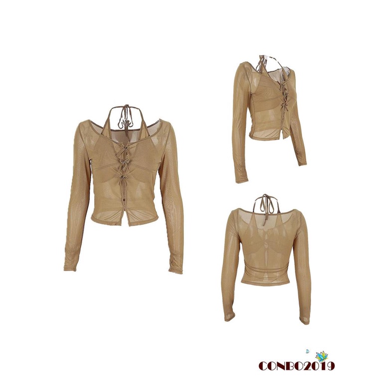 Áo Croptop Tay Dài Dáng Ôm Xuyên Thấu Màu Sắc Đơn Giản Dành Cho Nữ