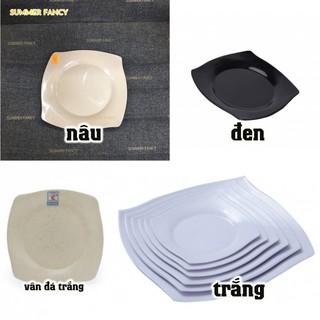 dĩa vuông cạn 13.8cm nhựa melamine cao cấp nâu kem, trắng trơn, vân đá DVC05