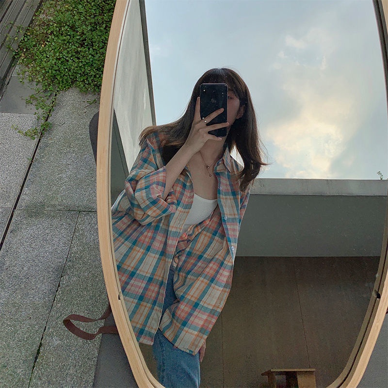 Áo khoác sơ mi mỏng dáng rộng sọc caro phong cách Hàn Quốc thời trang mùa hè dành cho bạn nữ