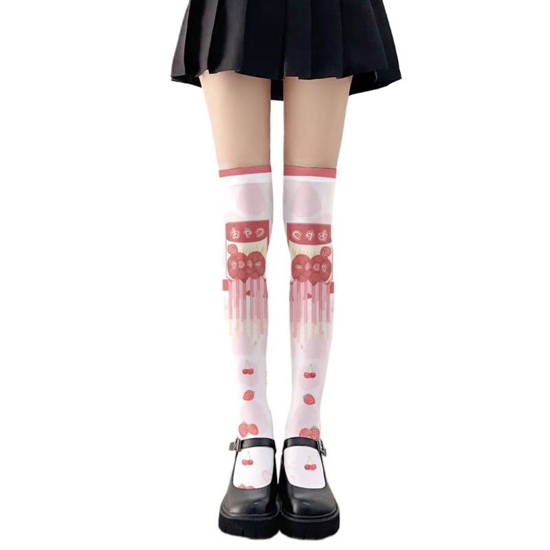 Xiangbao Vớ Lolita Dài Ngang Đùi In Họa Tiết Dâu Tây Muỗng Nĩa Dễ Thương Cho Nữ