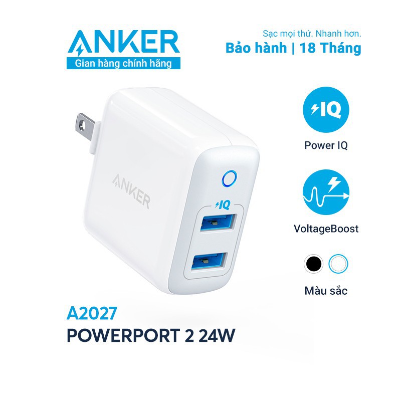 Sạc ANKER PowerPort II 2 cổng PIQ 24w - A2027 - Bảo hành 18 tháng