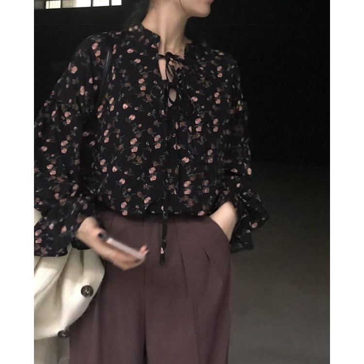 Áo Sơ Mi Nữ Tay Dài Cổ Chữ V Dáng Rộng In Hoa Màu Đen Kiểu Hàn Quốc Thời Trang Mùa Thu