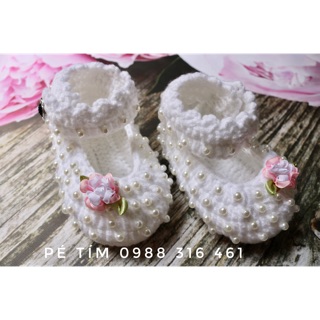 Giày len handmade/ giày búp bê tiểu thư hạt châu hoa hồng