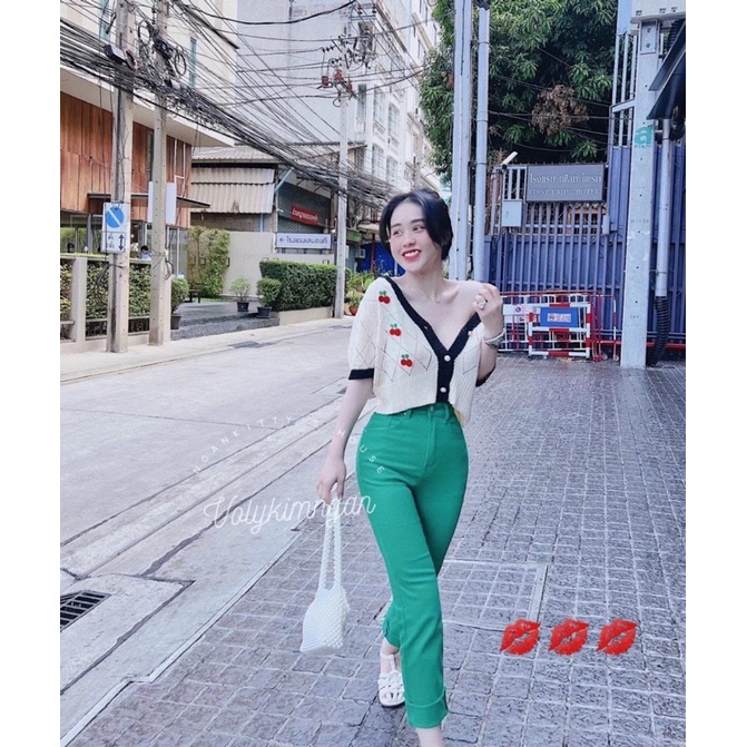 Áo len Cadigan tay cộc phối viền, hoạ tiết quả cherry bao xinh, dáng len ngắn lỡ