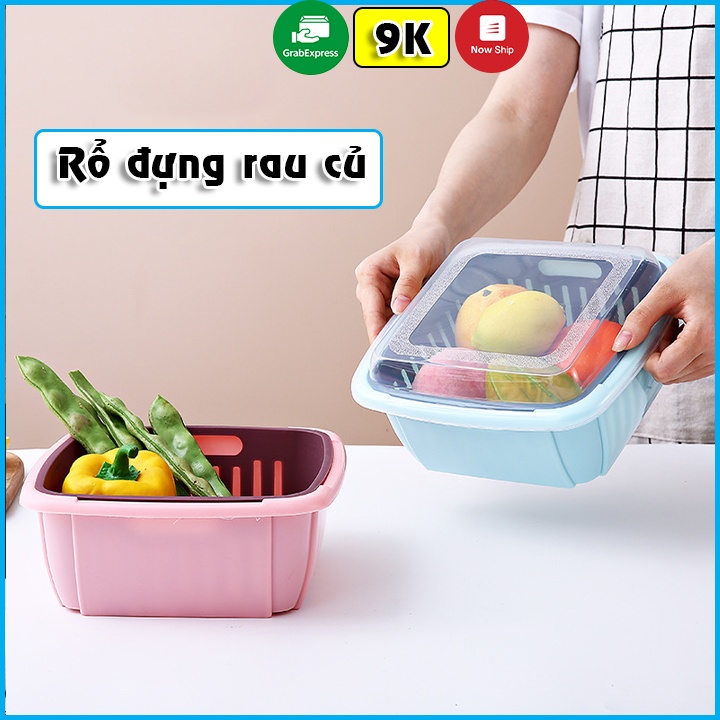 Hộp Rổ Đựng Rau Củ, Trái Cây Ráo Nước 2 Lớp Có Nắp Đậy 3 Trong 1 Đựng Đồ Đa Năng