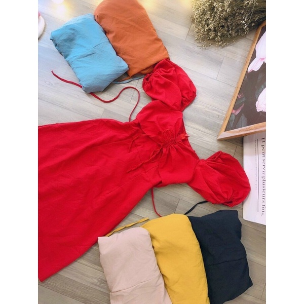 Đầm xoè rút dây ngực tay phồng siêu cưng-hình thật.