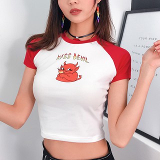Áo Croptop tay ngắn hoạ tiết sừng ác quỷ xinh xắn cho phái nữ