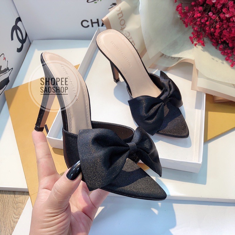 [ Dép đẹp] Sandal cao gót/ dép cao gót hở mũi/ guốc cao gót đính nơ phong cách tiểu thư nữ tính