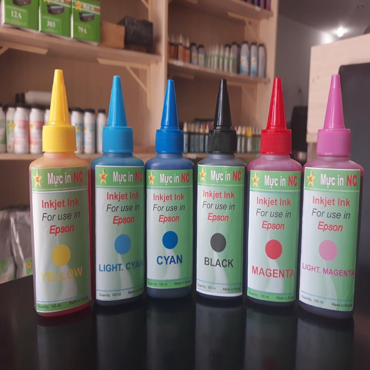 Bộ 6 chai in phun Epson màu chuẩn, bảo vệ đầu phun. Là mực nước nạp, bơm cho máy in Inkjet Ink Epson 6 màu