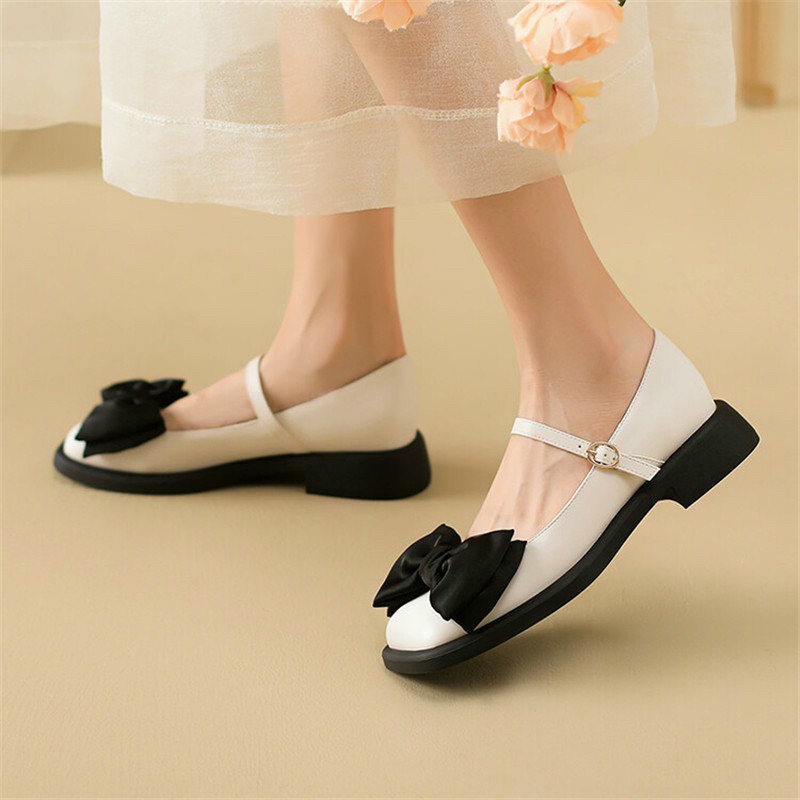 Giày Bệt Nữ Lolita Da Mềm Đính Nơ Phong Cách Thời Trang Trẻ Trung